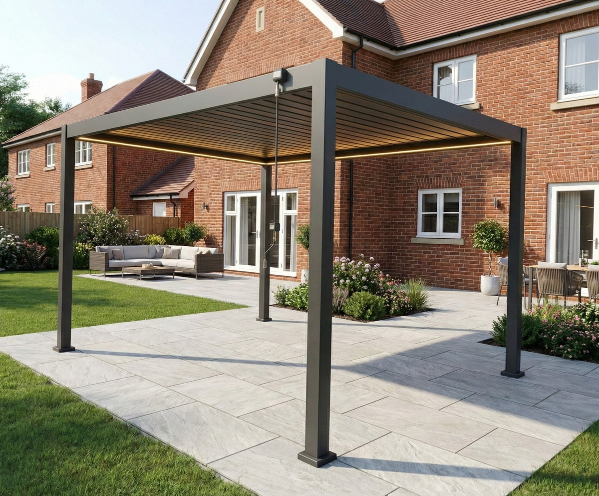 LuxShade™ 3×4m Aluminium Pergola with LEDs, Double-Layered Louvred Roof