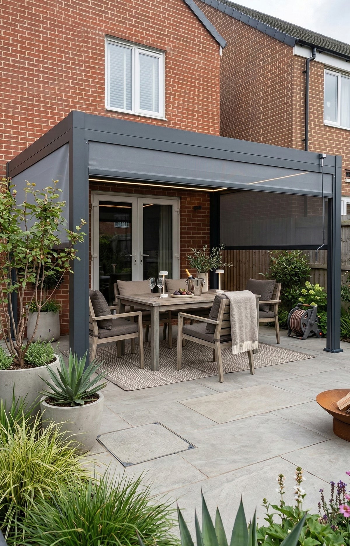 LuxShade™ 3×4m Aluminium Pergola with LEDs, Double-Layered Louvred Roof & 3 Blinds