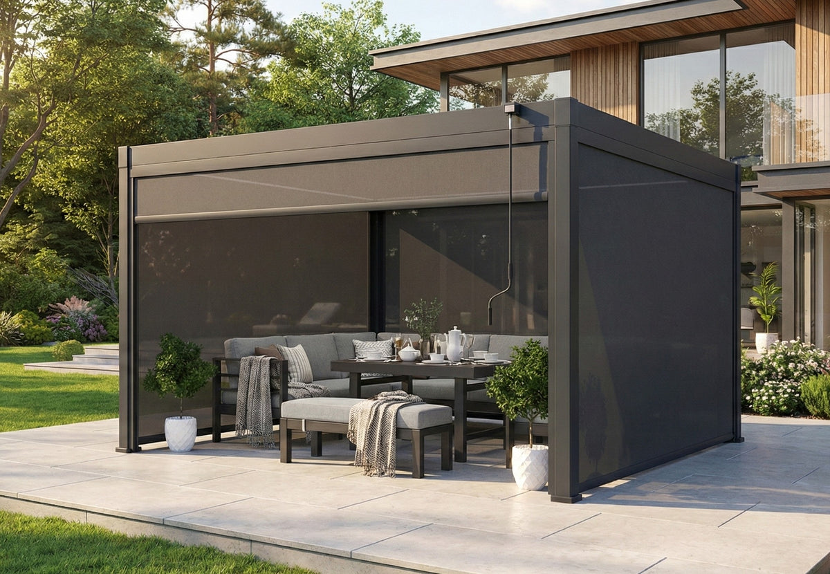 LuxShade™ 4×4m Aluminium Pergola with LEDs, Double-Layered Louvred Roof & 3 Blinds