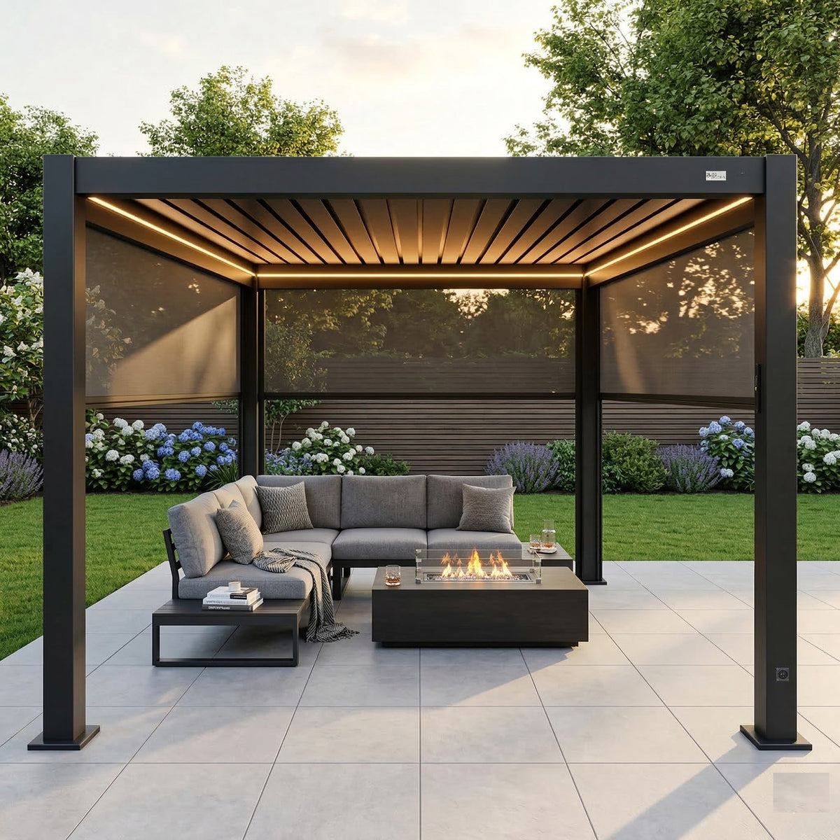 MotaShade™ 3×3m Motorised Aluminium Pergola – Double‑Layer Louvers, LEDs & 3 Zip Blinds
