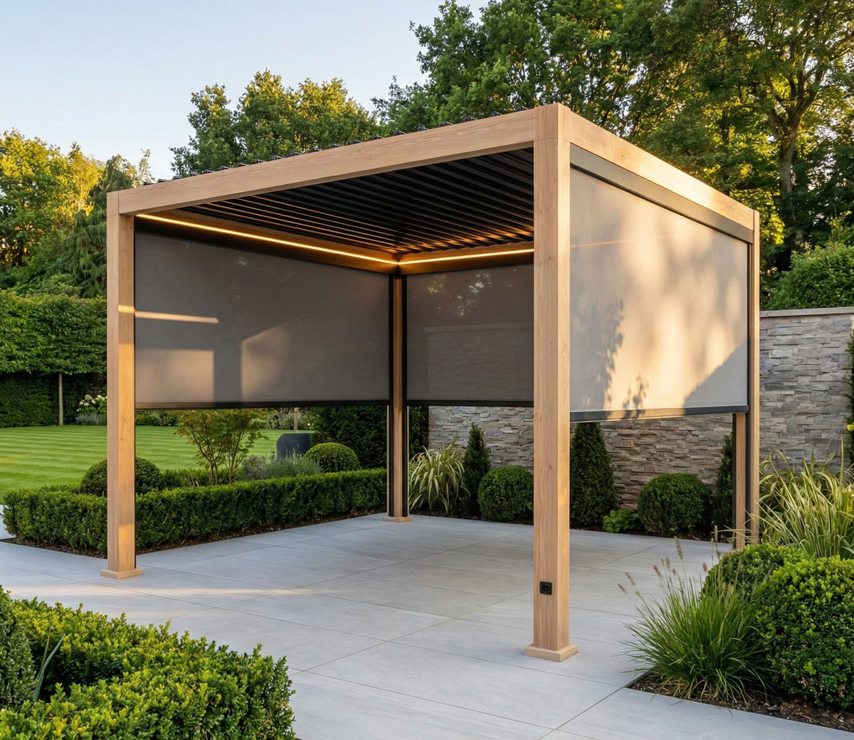 LuxShade™ 3×3m Wood Grain Aluminium Pergola with LEDs, Double-Layered Louvres & 3 Blinds