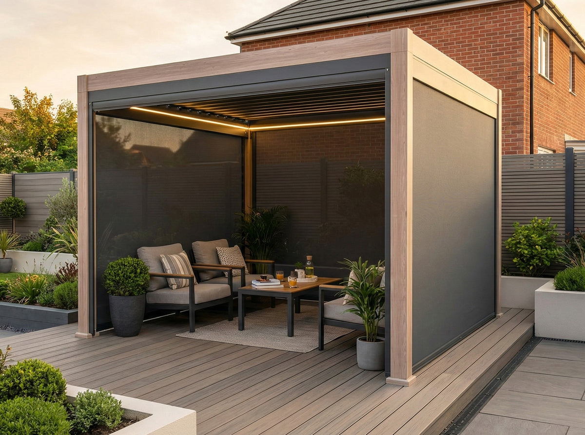 LuxShade™ 3×3m Wood Grain Aluminium Pergola with LEDs, Double-Layered Louvres & 3 Blinds