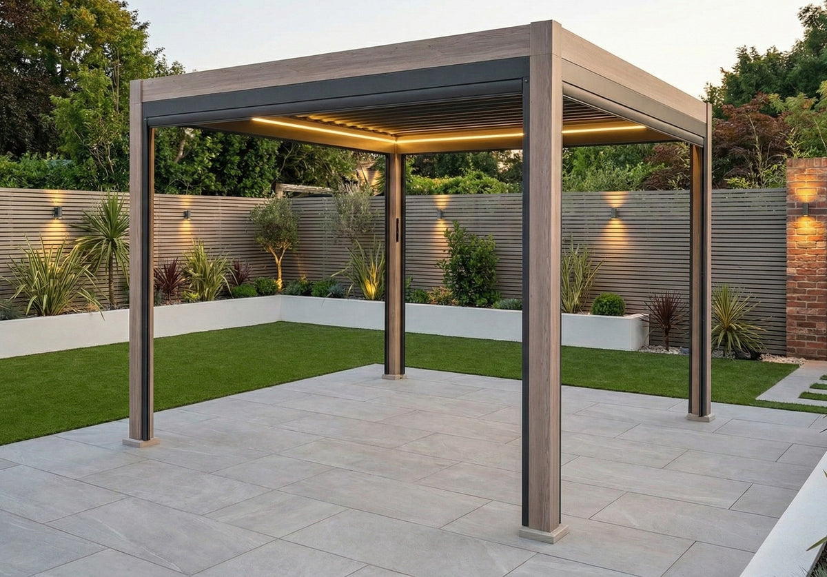 LuxShade™ 3×3m Wood Grain Aluminium Pergola LEDs, Double-Layered Louvred Roof
