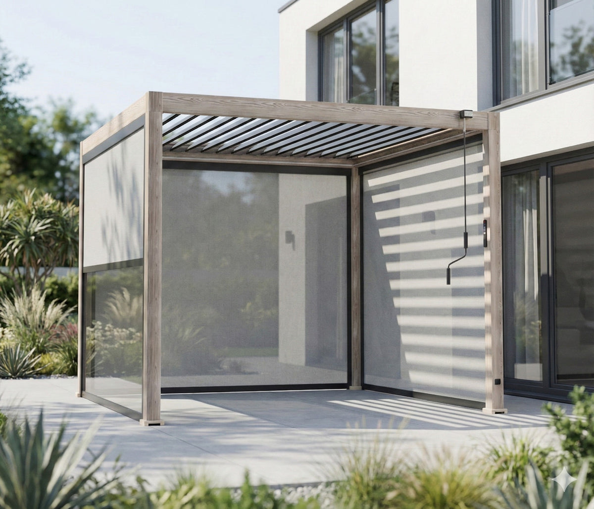 LuxShade™ 3×3m Wood Grain Aluminium Pergola with LEDs, Double-Layered Louvres & 3 Blinds