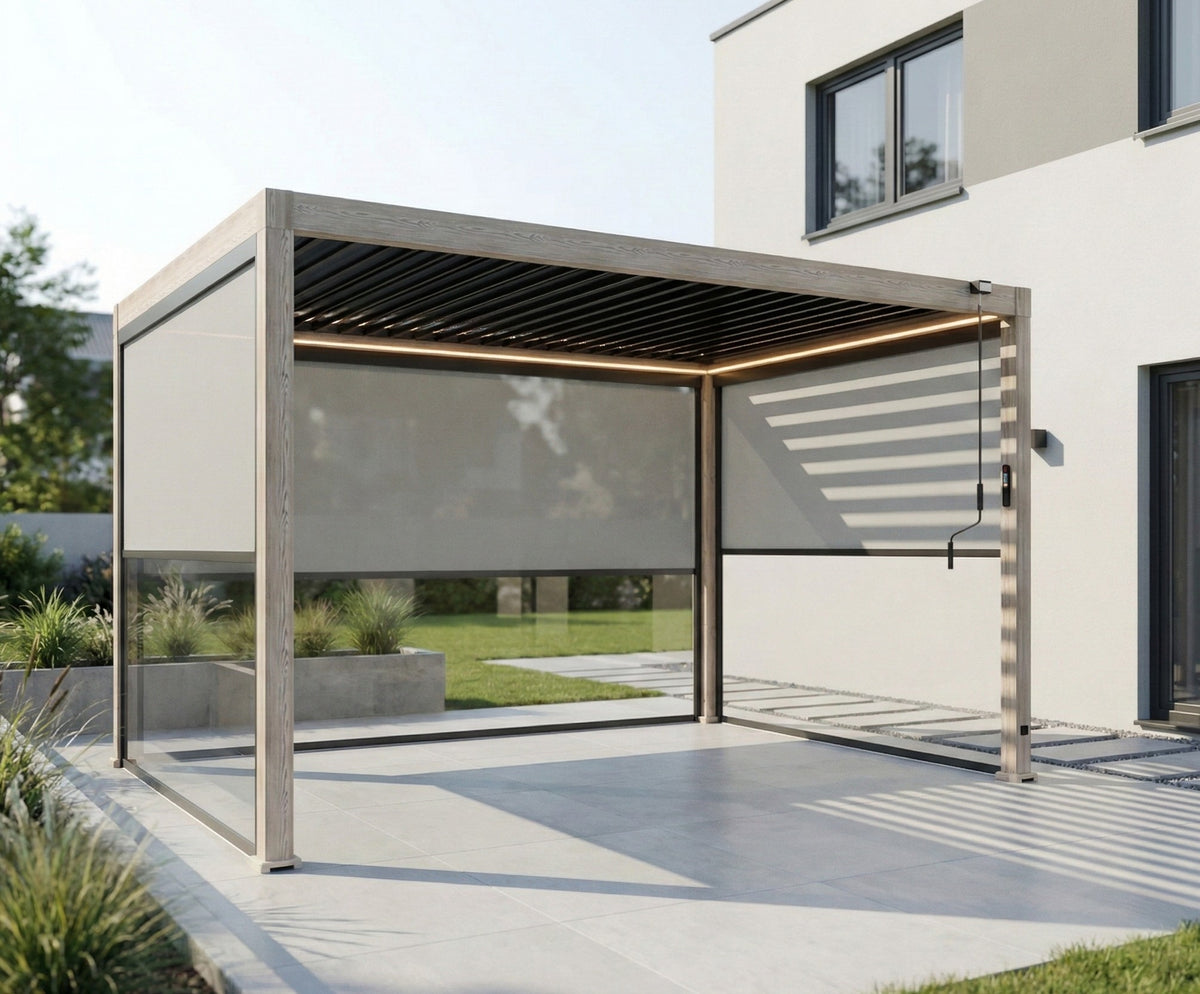 LuxShade™ 3×4m Wood Grain Aluminium Pergola with LEDs, Double-Layered Louvres & 3 Blinds