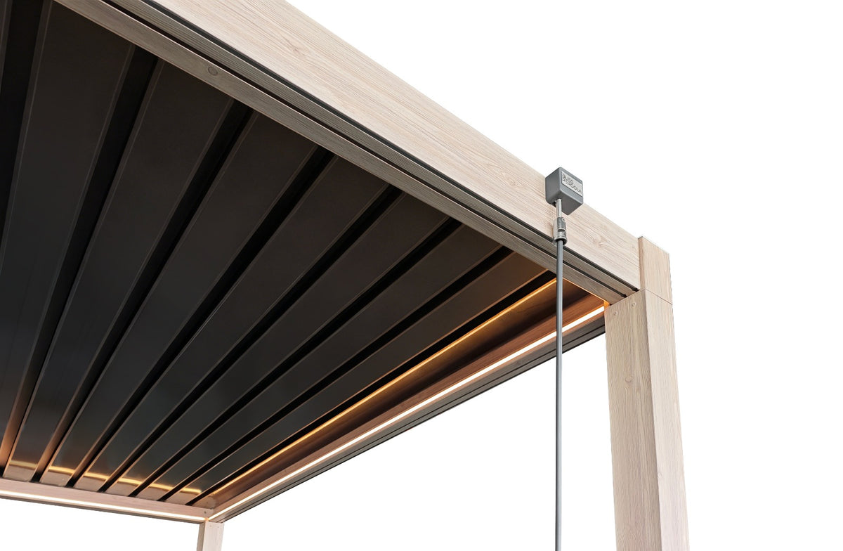 LuxShade™ 3×6m Aluminium Pergola LEDs, Double-Layered Louvred Roof & Blinds Oak Effect