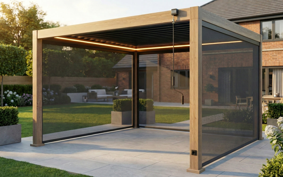 LuxShade™ 3×4m Wood Grain Aluminium Pergola with LEDs, Double-Layered Louvres & 3 Blinds