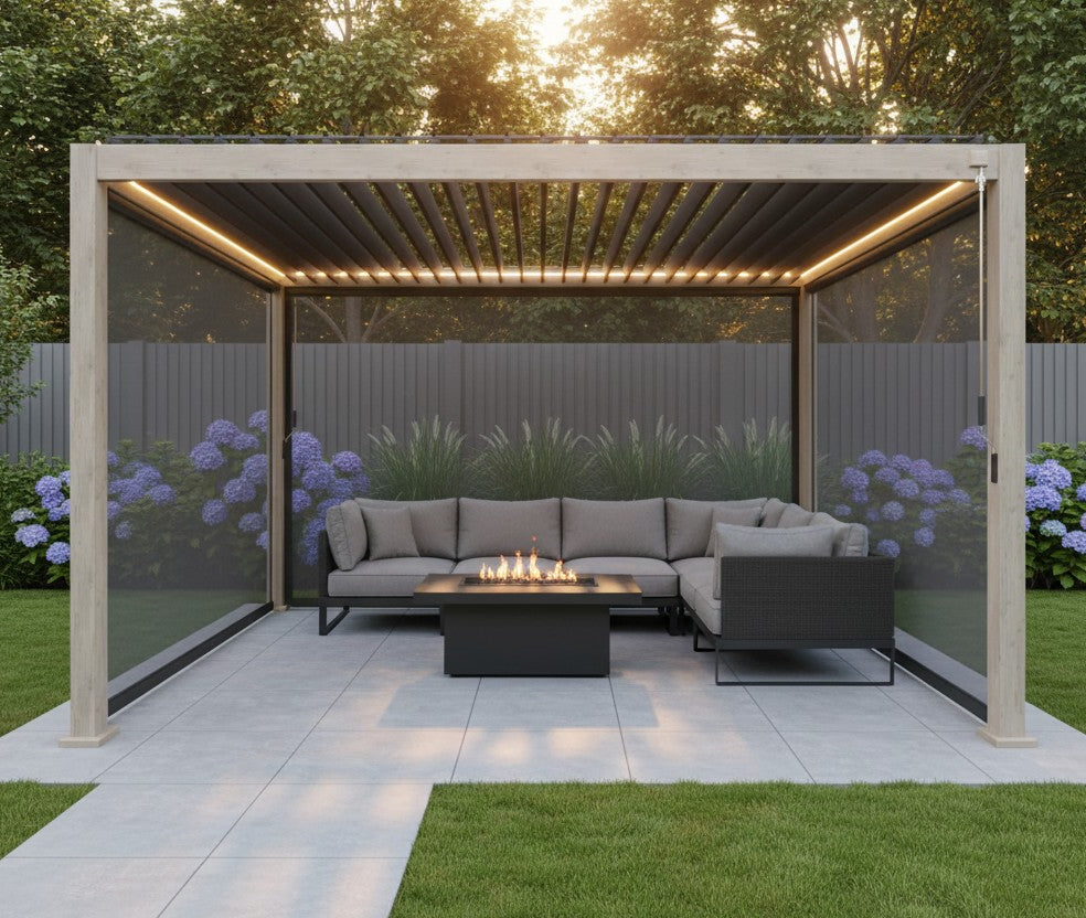 LuxShade™ 3×4m Wood Grain Aluminium Pergola with LEDs, Double-Layered Louvres & 3 Blinds
