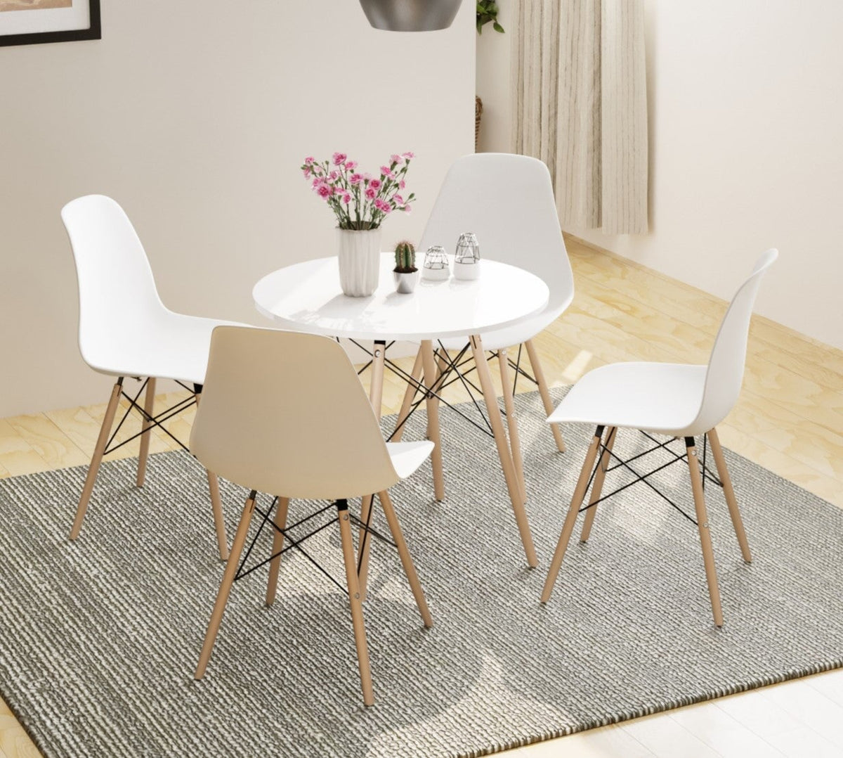 Milo White Round Nordic Table &amp; 4 White Chairs Dining Set Casa Maria Designs 