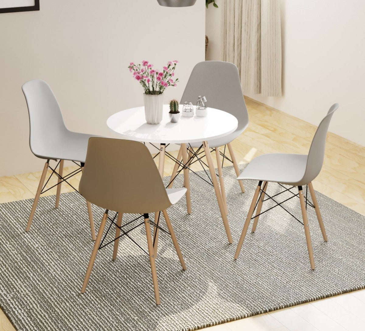 Milo White Round Nordic Table &amp; 4 Grey Chairs Dining Set Casa Maria Designs 