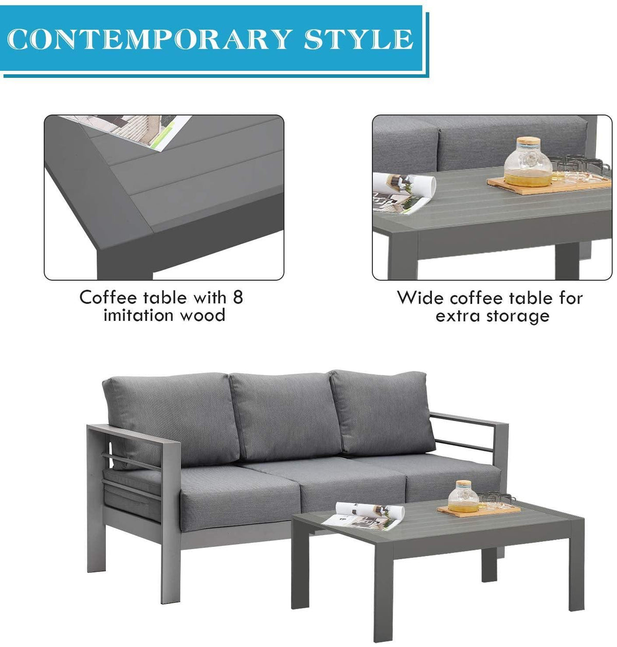Aluminium 4 Piece Garden Furniture Sofa Set in Black and Grey Rattan Furniture MaxiFurn 