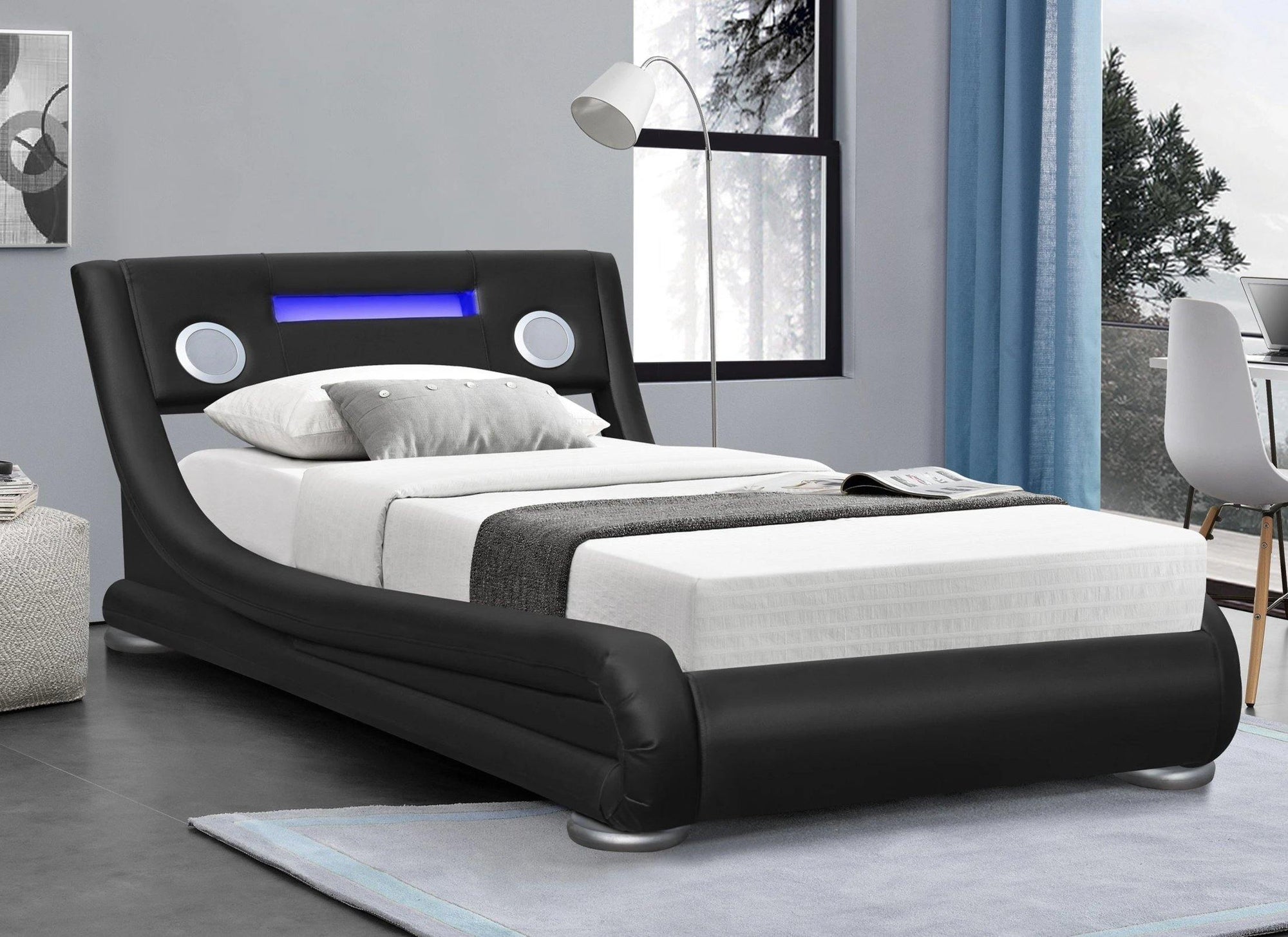 Mojo Bluetooth Speakers LED Bed - Black PU Leather - Size: Single Bed Casa Maria Designs 