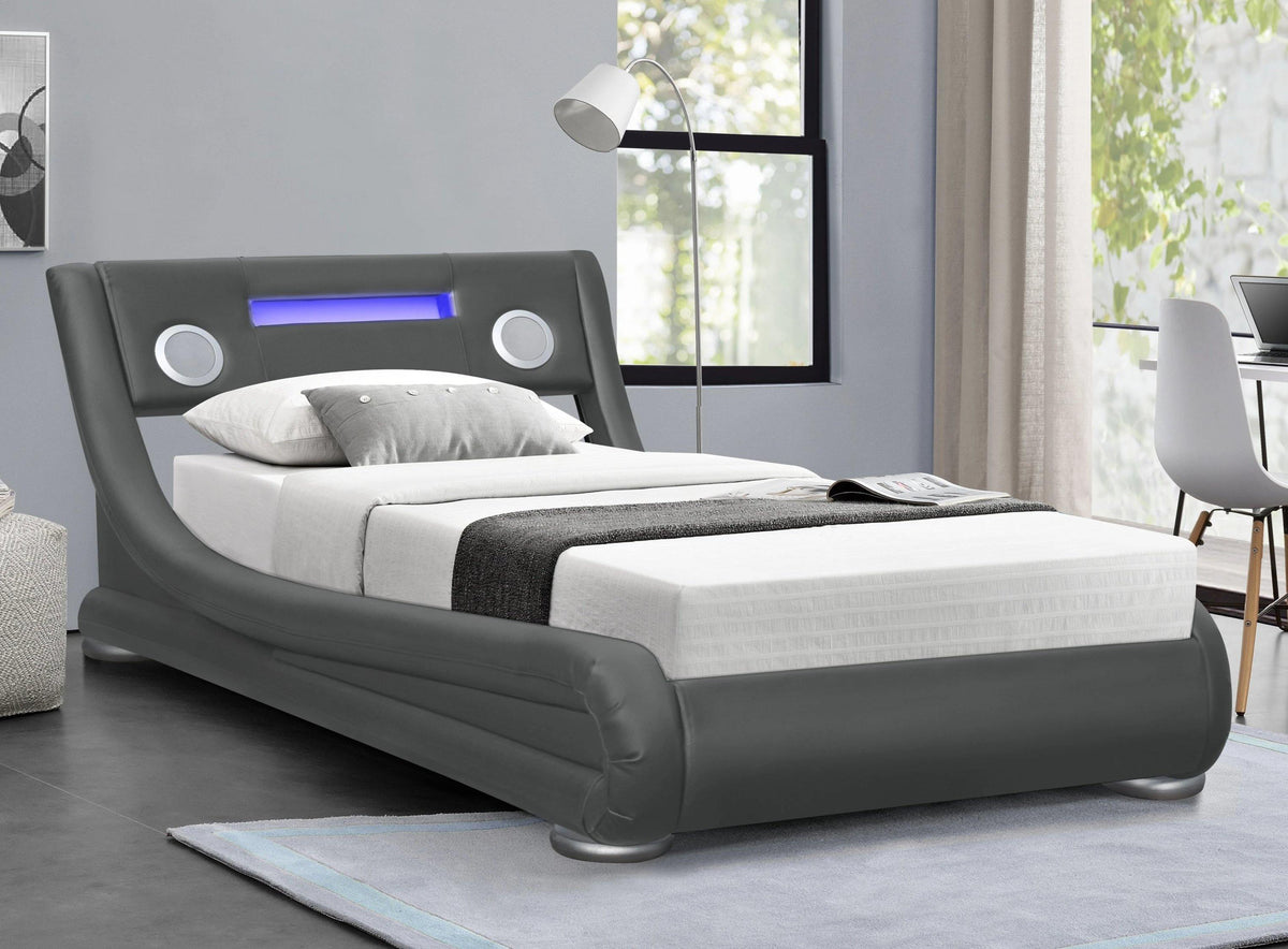 Mojo Bluetooth Speakers LED Bed - Grey PU Leather - Size: Single Bed Casa Maria Designs 