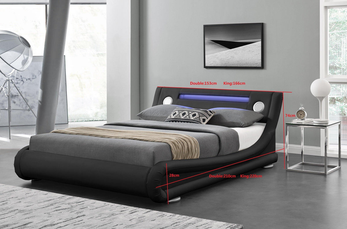 Mojo Bluetooth Speakers LED Bed - Grey PU Leather - Size: Double Bed Casa Maria Designs 