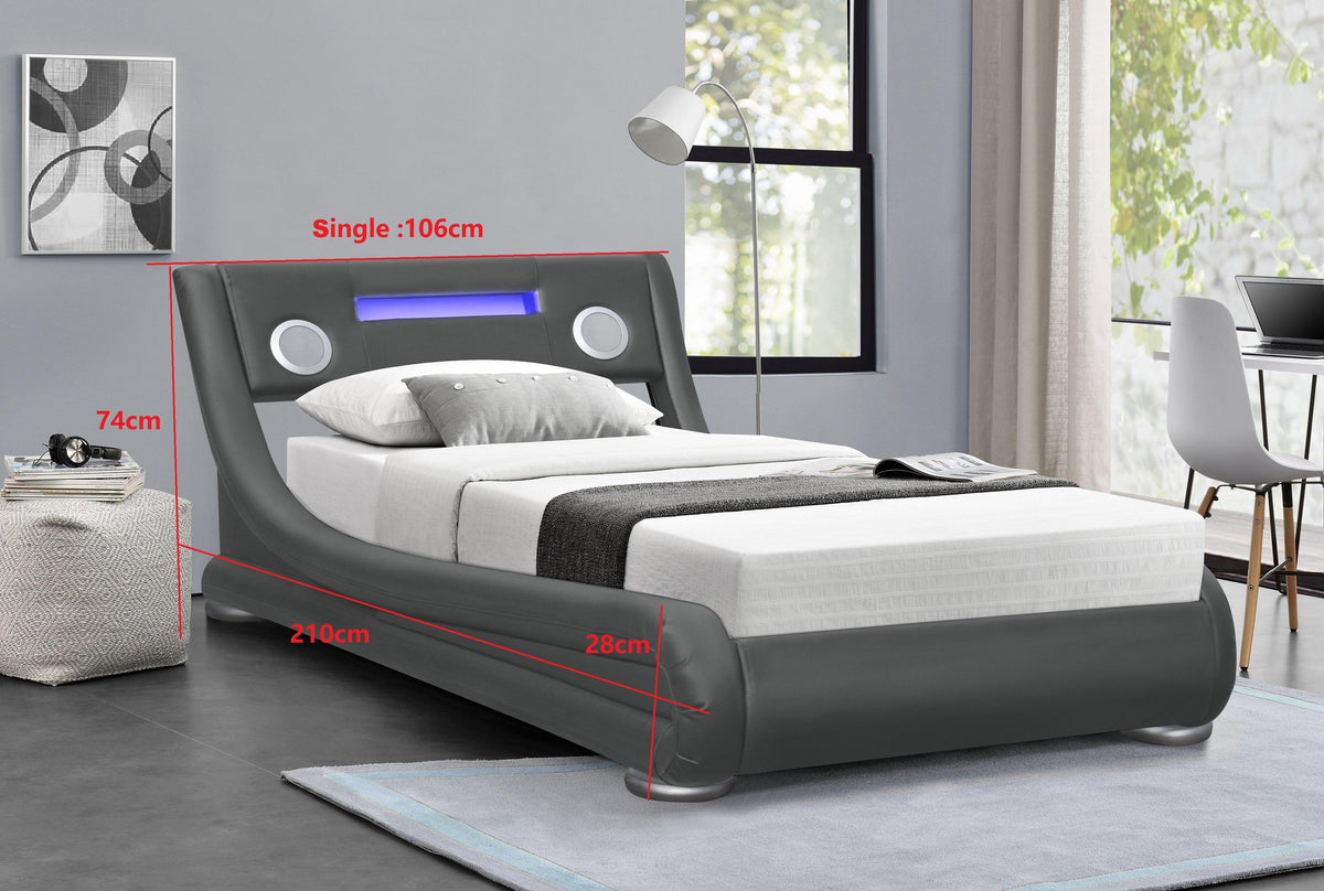 Mojo Bluetooth Speakers LED Bed - Grey PU Leather - Size: Single Bed Casa Maria Designs 