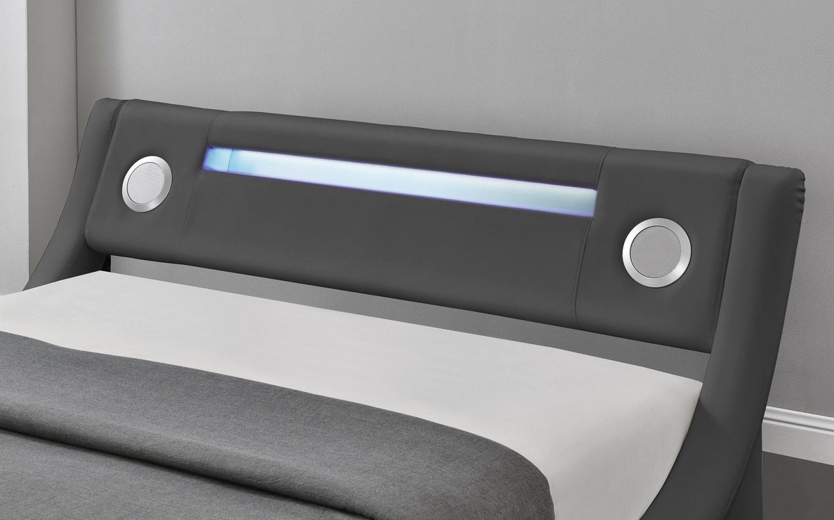 Bentley Ottoman &amp; Bluetooth Speakers LED Bed - Grey PU Leather - Size: Double Bed Casa Maria Designs 