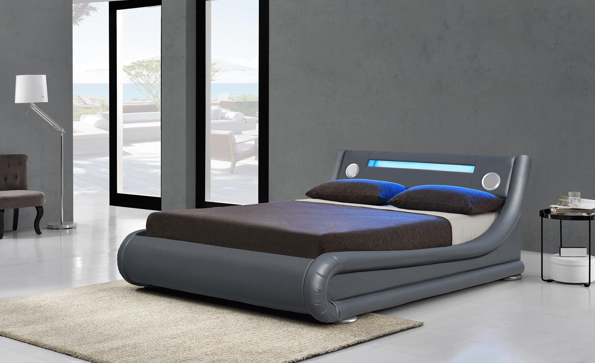 Bentley Ottoman & Bluetooth Speakers LED Bed - Grey PU Leather - Size: Double Bed Casa Maria Designs 