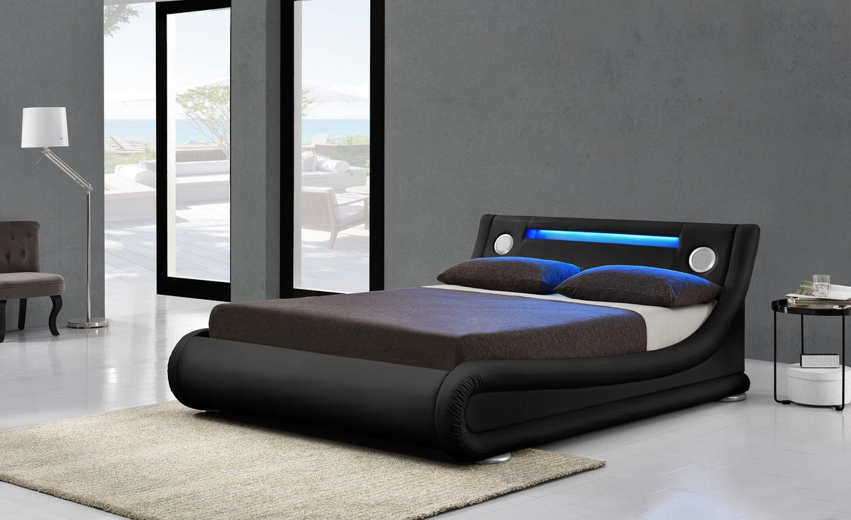 Bentley Ottoman &amp; Bluetooth Speakers LED Bed - Black PU Leather - Size: Double Bed Casa Maria Designs 