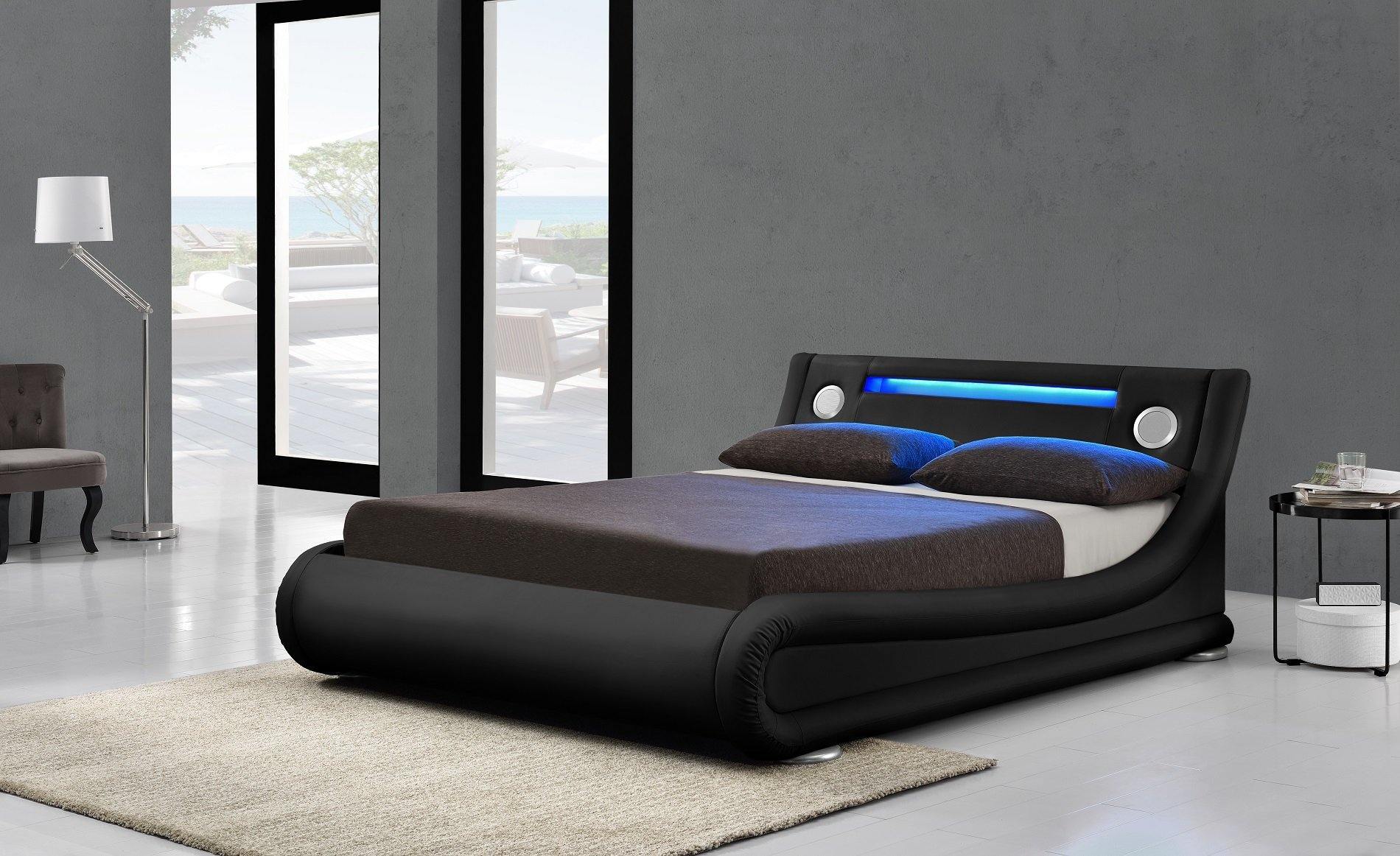 Bentley Ottoman & Bluetooth Speakers LED Bed - Black PU Leather - Size: Double Bed Casa Maria Designs 