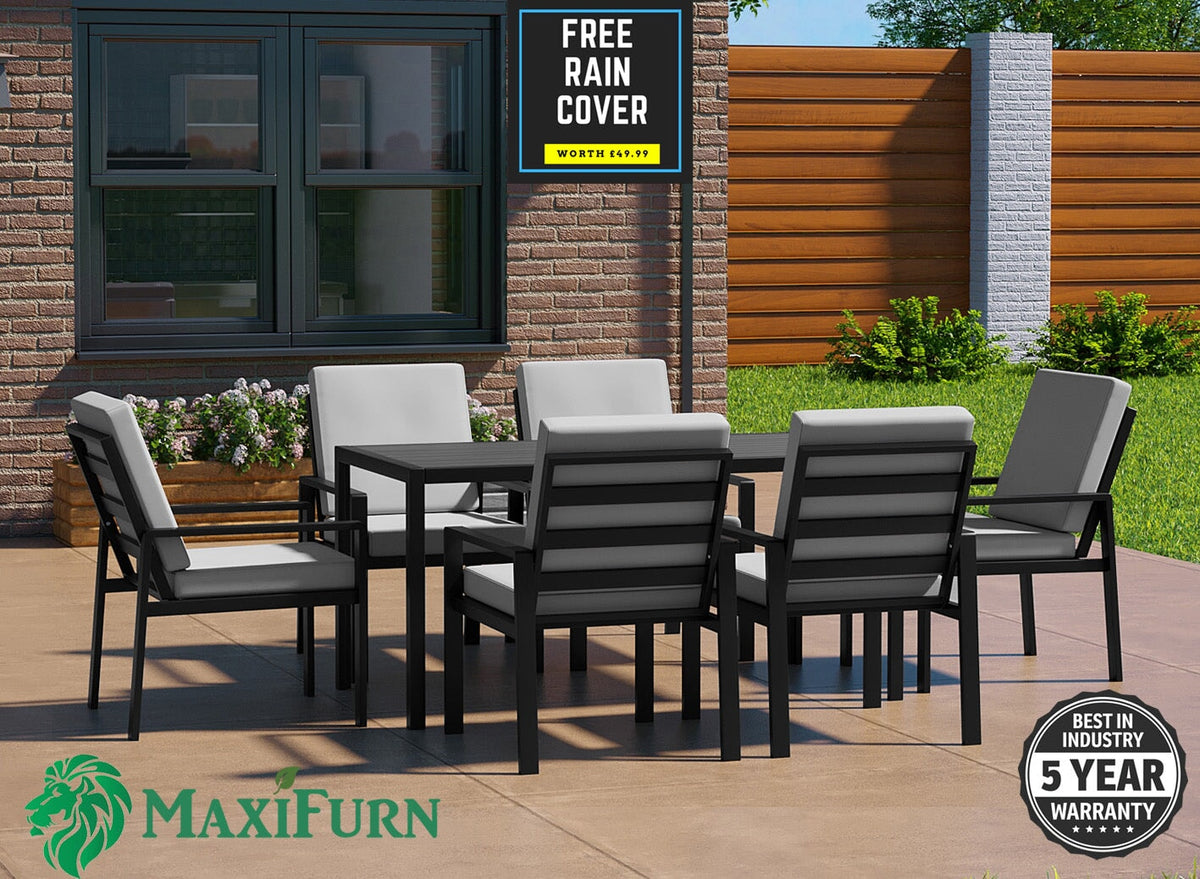 Aluminium Dining Table &amp; 6 Chairs Set - Black / Light Grey Rattan Furniture MaxiFurn 