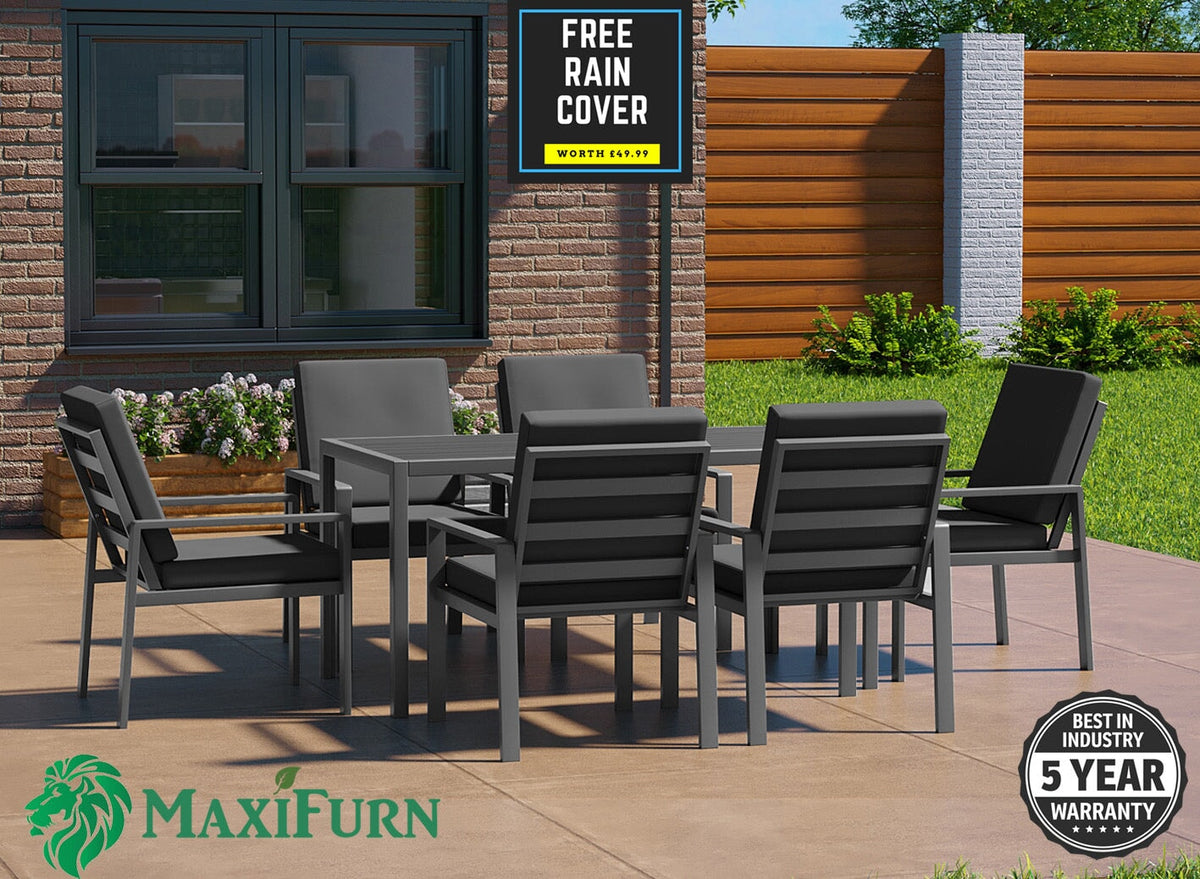Aluminium Dining Table &amp; 6 Chairs Set - Grey / Dark Rattan Furniture MaxiFurn 