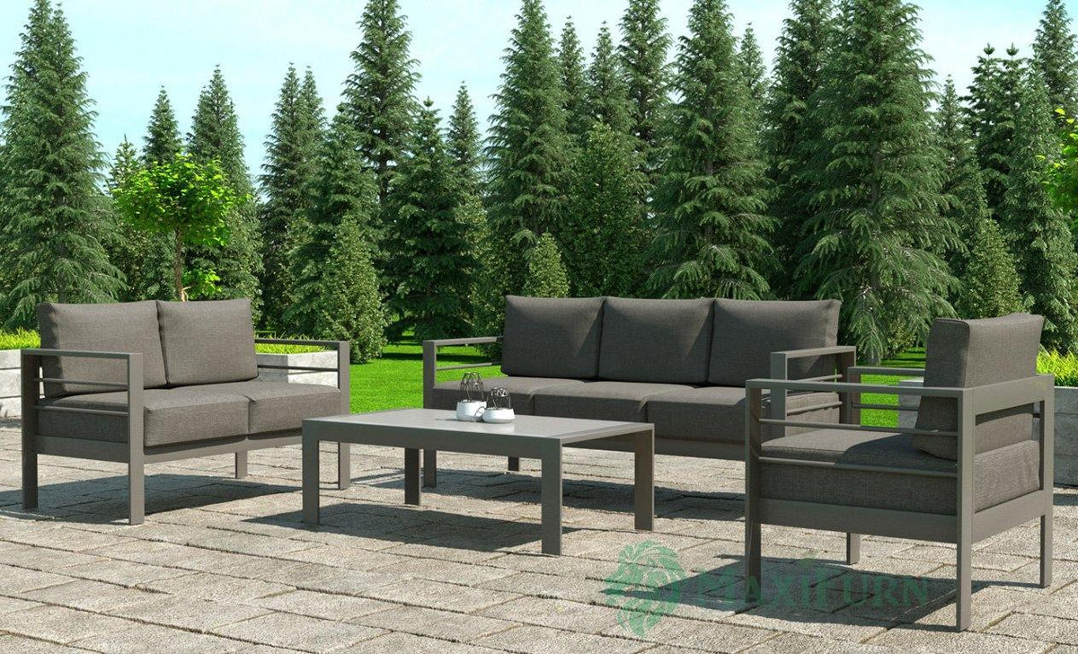 Aluminium 4 Piece Garden Furniture Set - 3, 2, 1 Sofas &amp; Coffee Table - Grey Rattan Furniture MaxiFurn 