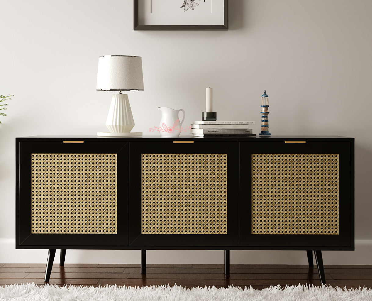 Rian Large 3 Door Sideboard - Black With Natural Cane Front Casa Maria Designs 