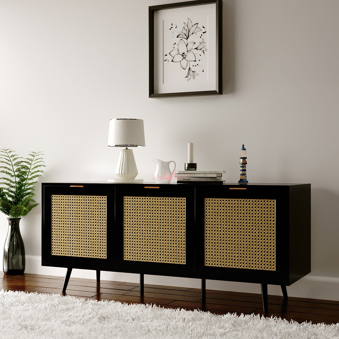 Rian Large 3 Door Sideboard - Black With Natural Cane Front Casa Maria Designs 