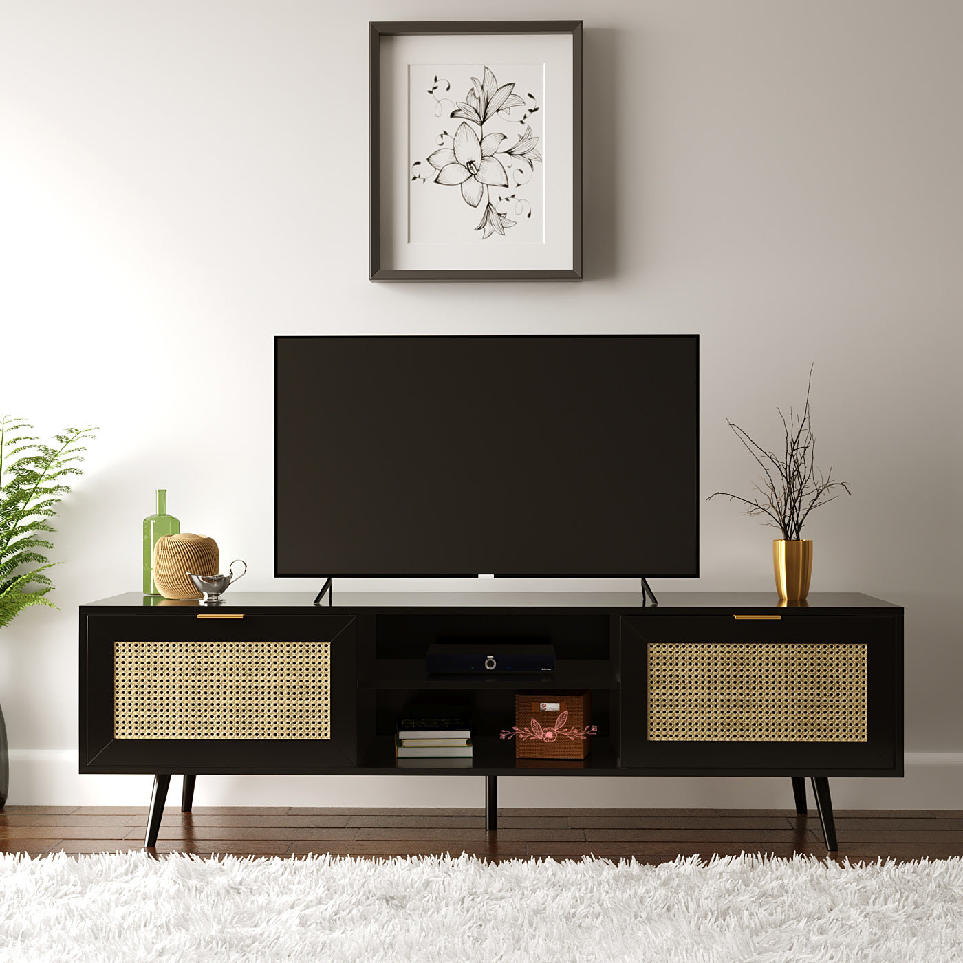 Rian TV Media Unit Stand - Black With Natural Cane Front Casa Maria Designs 