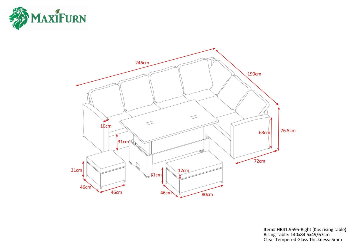 Kos Rattan Right Hand Corner Sofa, Rising Table, Stool &amp; Bench - Mixed Grey / Dark Rattan Furniture MaxiFurn 