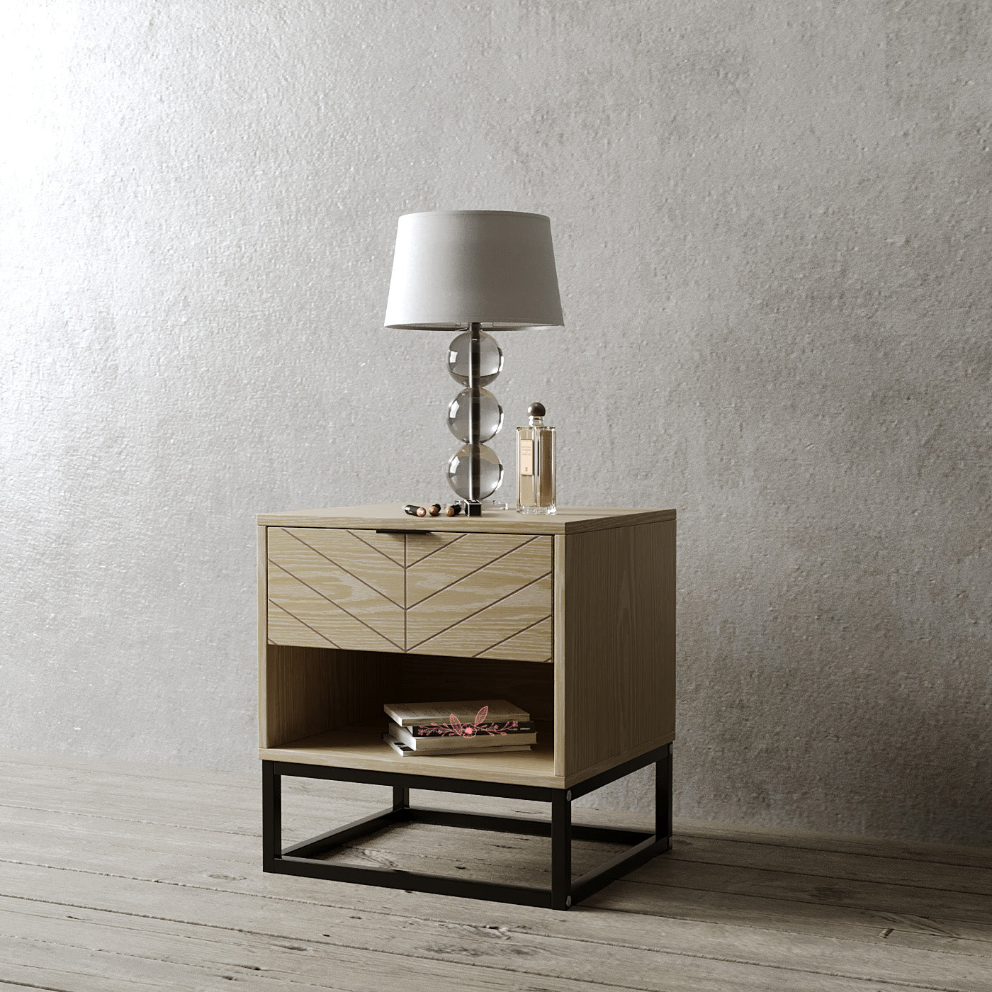 Luis Industrial Parquet Bedside Cabinet Table - Oak Effect Casa Maria Designs 
