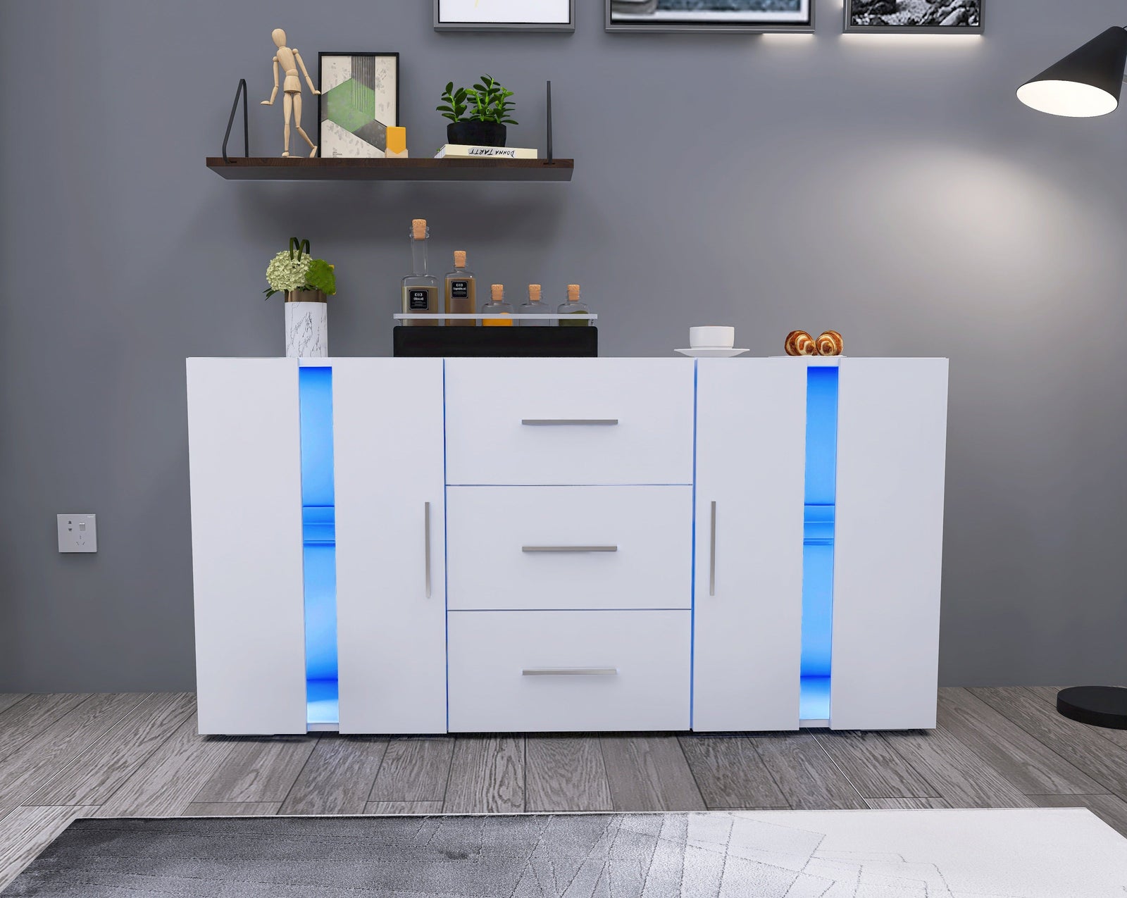 Enzo Modern 2 Doors and 3 Drawers LED Sideboard (135cms )High Gloss White Sideboard Casa Maria Designs 