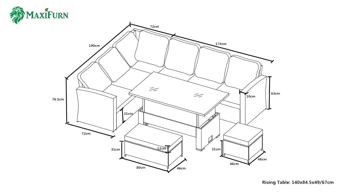 Kos Rattan Corner Sofa with Rising Table, Stool &amp; Bench Set | Mixed Grey / Dark Rattan Furniture MaxiFurn 
