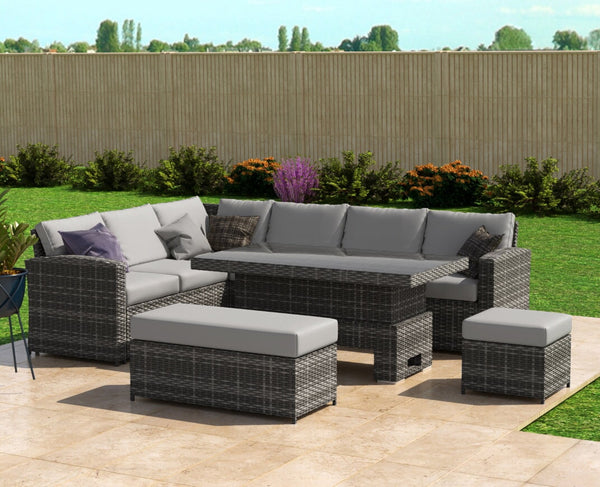 Kos Rattan Left Hand Corner Sofa, Rising Table, Stool & Bench - Mixed ...