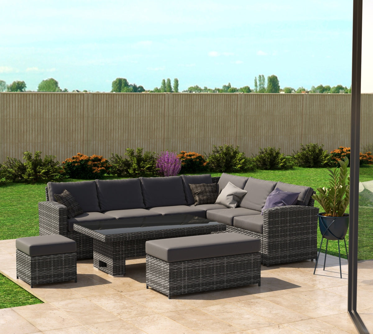 Kos Rattan Right Hand Corner Sofa, Rising Table, Stool & Bench - Mixed Grey / Dark Rattan Furniture MaxiFurn 