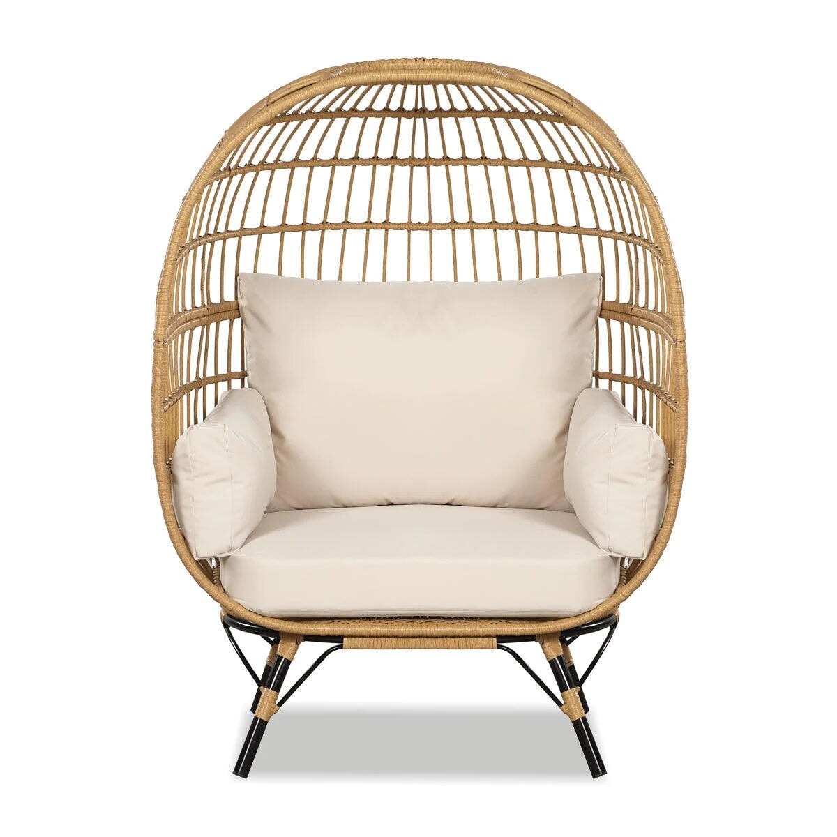 XL Wicker Rattan Egg Chair With Legs - Natural with Beige Cushions Rattan Furniture MaxiFurn 