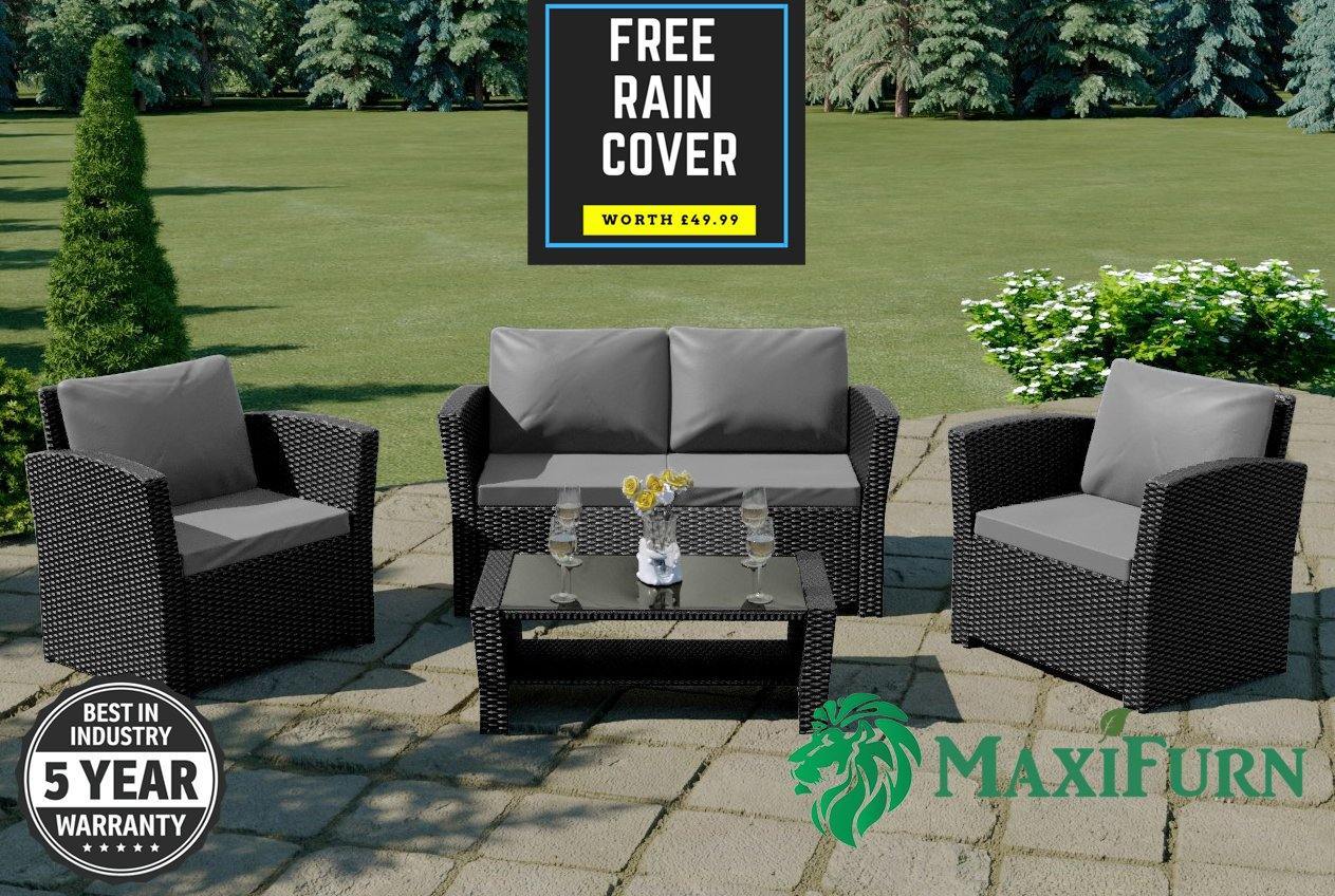 Lazio Rattan Garden Furniture Sofa Set - Black Rattan / Dark Grey Cushions Rattan Furniture MaxiFurn 