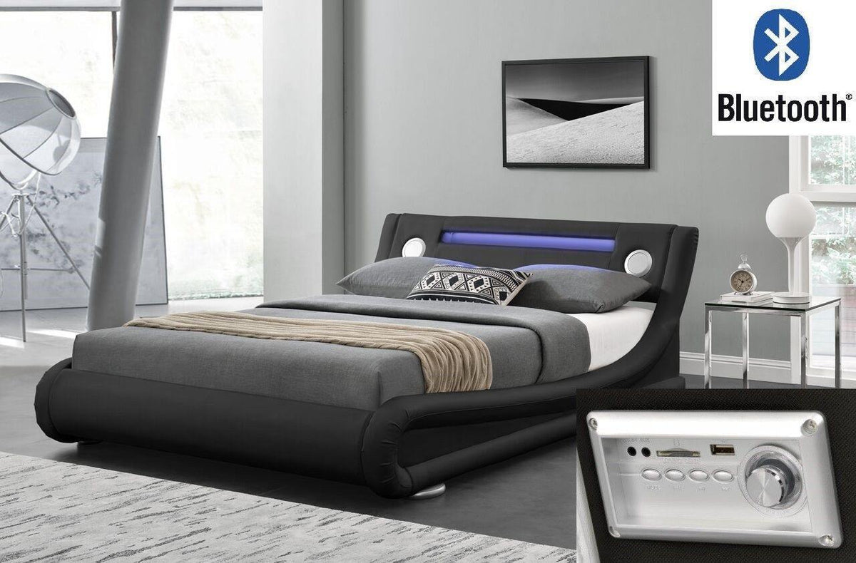 Bentley Ottoman &amp; Bluetooth Speakers LED Bed - Black PU Leather - Size: Double Bed Casa Maria Designs 