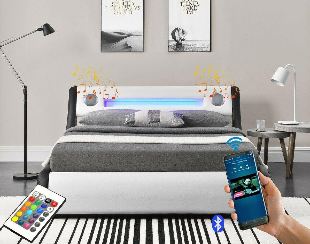 Mojo Bluetooth Speakers LED Bed - Grey PU Leather - Size: Double Bed Casa Maria Designs 